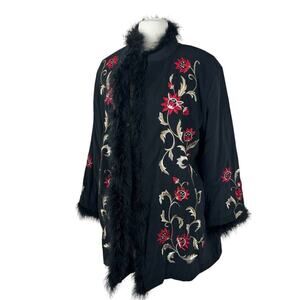 Vintage Victor Costa Coat Womens Large Black Embroidered Floral Penny Lane